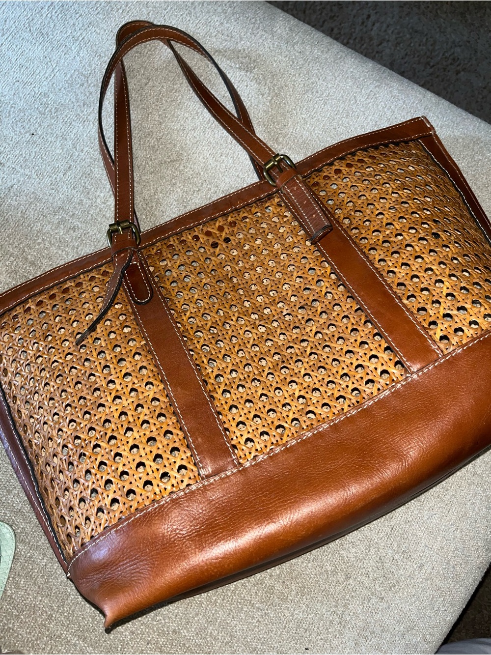 Woven Leather Tote in Cognac Brown